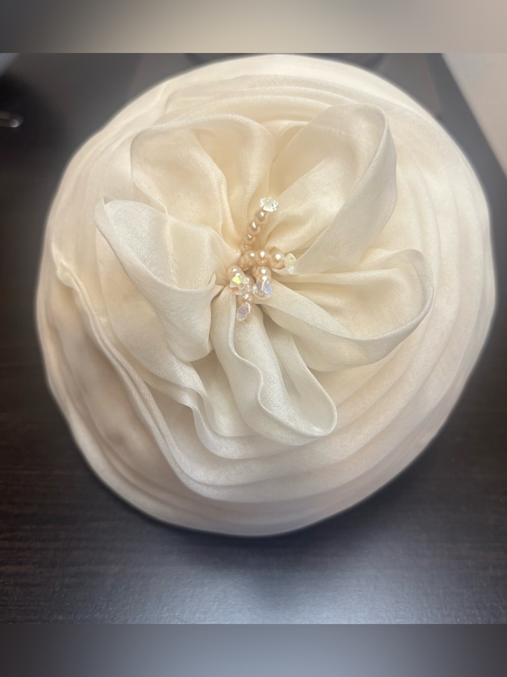 Mid Century Ivory Fabric Flower Half Hat Fascinator Pearls Aurora Borealis AB